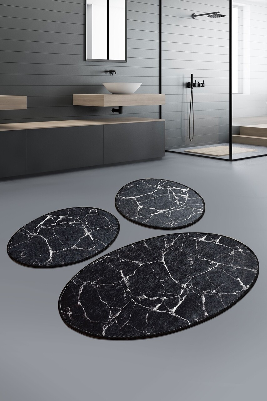 Set 3 covorase de baie Marble, Chilai, 50x60 cm/60x100 cm, negru - imagine 3